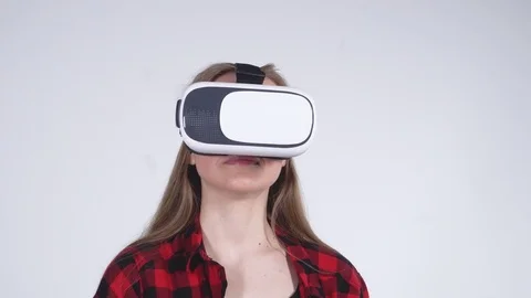 Girl with VR Set Turning Head Stock Footage 82297083