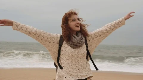 Girl Walking Alone On Empty Seashore In Cloudy Cold Weather. Stock Footage 107722683