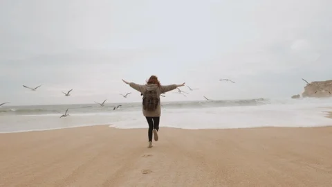 Girl Walking Alone On Empty Seashore In Cloudy Cold Weather. Stock Footage 107723232