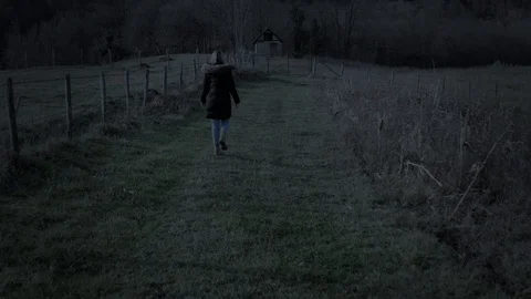 Girl walking alone in forest at night with full moon. Rural village horror movie Stock Footage 128751663