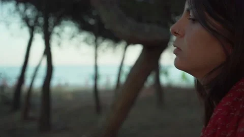 Girl Walking Alone In Pine Forest, Steadicam Shot Video stock 140134348