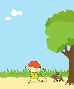Girl walking dog Stock Illustration