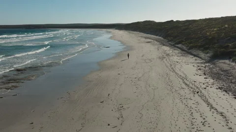 Girl walking on an empty beach drone video Stock Footage 241838324