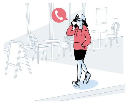 A girl walking in front of a cafe while talking on her smartphone. Stock Illustration