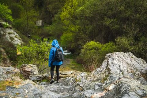 Girl walking on the mountain while raining with vegetation Stock Photos