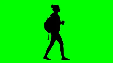 Girl Walking To School With a Backpack Drinking Coffee Green Screen Silhouette Video stock 126011827