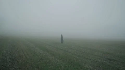 Girl walking through cloudy field surrounded by mist Stock Footage 168747386