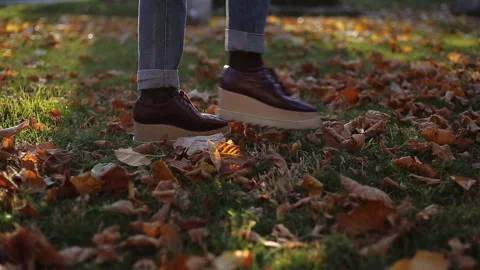 Girl Walking Through Fall Leaves In The Park Stock-Footage 143932853