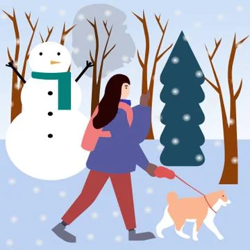 Girl walks with dog in park in winter, vector chart Stock Illustration