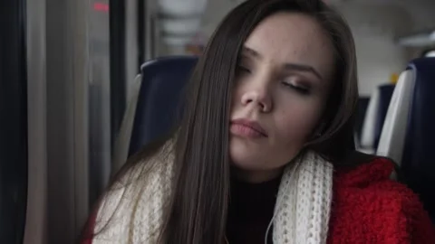  Girl was Napping on the Train. Close-up Stock Footage 144636008