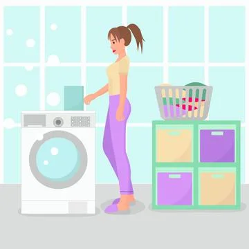 The girl washes things, vector. A young woman washes clothes at home in the Illustrazione stock
