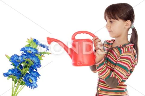 Girl watering flowers Stock Photos