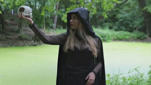 A girl wearing a Witch for Halloween Stock Footage