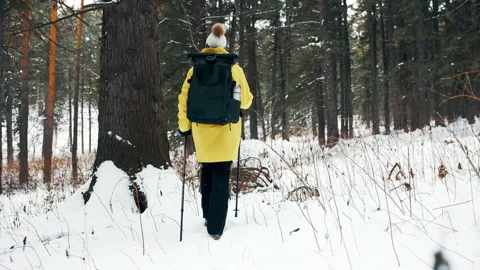 Girl with a white hat in the forest with a backpack and hiking sticks in winter Video stock 144692535