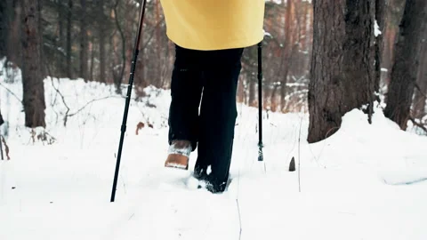 Girl with a white hat in the forest with a backpack and hiking sticks in winter Video stock 144692600