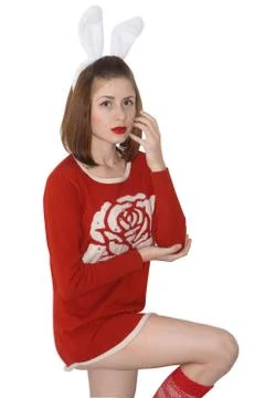 Girl with white rabbit ears Stock Photos