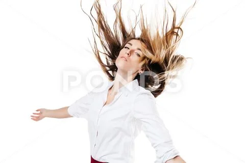 Girl in white shirt and burgundy skirt on an isolated white background Stock Photos