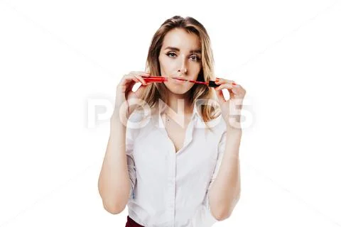 Girl in white shirt and burgundy skirt on an isolated white background Stock Photos
