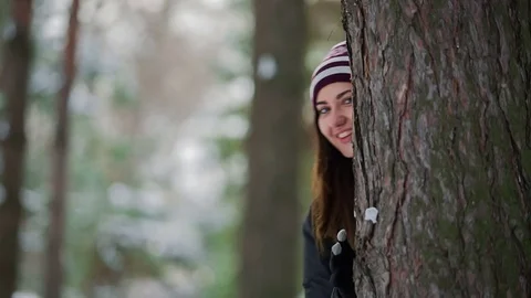 Girl in winter forest posing on camera Stock Footage 70473901