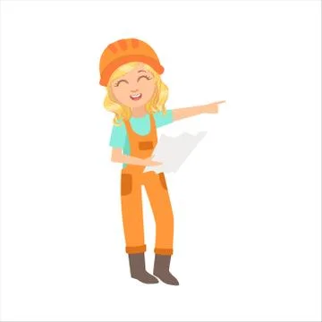 Girl Work Superintendent Executing Construction Plan, Kid Dressed As Builder On Stock Illustration