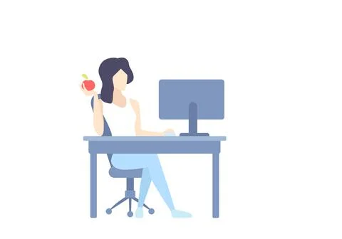Girl working with computer at desk, flat style vector illustration Illustrazione stock