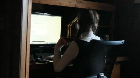 Girl working at computer (HD)c Stock Footage 12431863