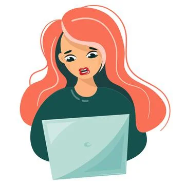 The girl working at the computer is horrified by the shocking information. A Stock Illustration