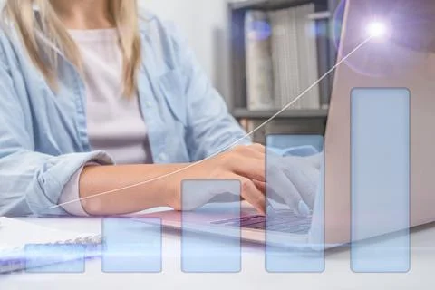 Girl working on computer online Stock Photos