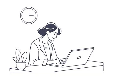 Girl working at computer. Vector illustration Stock Illustration