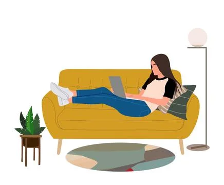 Girl working with laptop computer on sofa. Stock Illustration