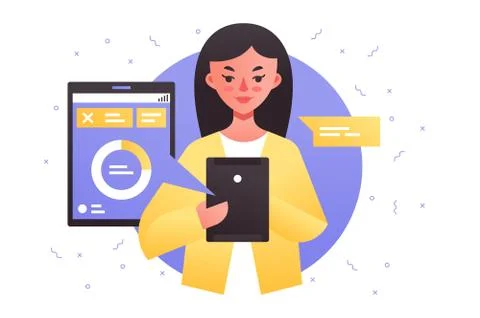 Girl working on touchscreen tablet Stock Illustration