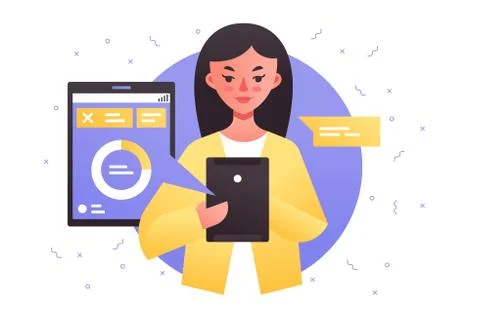 Girl working on touchscreen tablet Stock Illustration