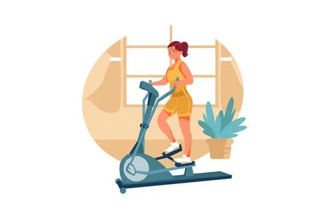 Girl works out on stepper machine in room 스톡 일러스트