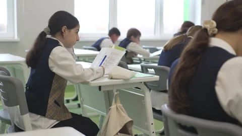 Girl writes while classmates study and listen to teacher Stock Footage 308957423