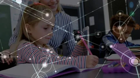 Girl writing in class while teacher tapping tablet animated node network Video stock 330331451