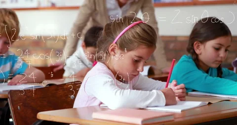Girl writing math in class with red pencil causing equation overlay fading under Stock Footage 312281020