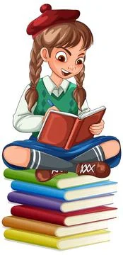 Girl Writing in Notebook While Sitting on Books Stock Illustration