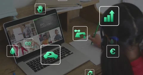 Girl writing notes on education call, teacher asking, green icons clustering Stock Footage 330160914