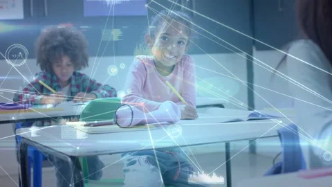 Girl writing with pencil for classwork starting node overlay marking desk Video stock 333035356