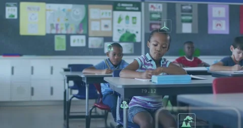 Girl writing school assignment, pen motion starting HUD charts and numeric data Stock Footage 328469239