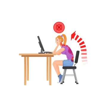 Girl in wrong sitting posture at computer Illustrazione stock