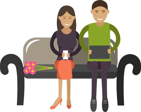 Girlfriend and boyfriend using mobile phone on date in park vector icon isolated Stock Illustration