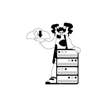 Girlfriend and server . cloud storage composition . black and white cable a.. Illustrazione stock