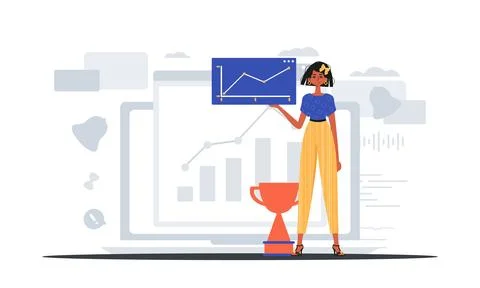 The girlfriend holds a chart with plus dynamics in his hand . digital commerc Stock Illustration