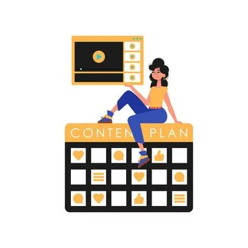 The girlfriend sits on the message plan and holds a windowpane with a televis Illustrazione stock
