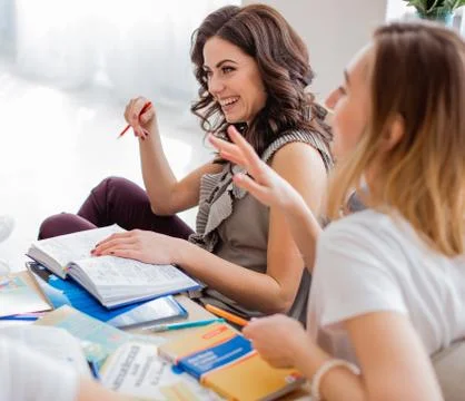 Girlfriends discuss work / study read books \ textbooks smile Stock Photos