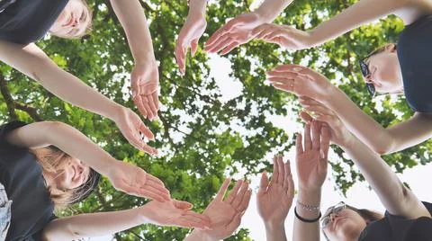 The girlfriends join their palms in a circle against the background of tree Stock Photos