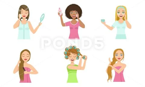 Girls Applying Different Facial Masks for Skin Care Set, Young Woman Cleaning Stock Illustration