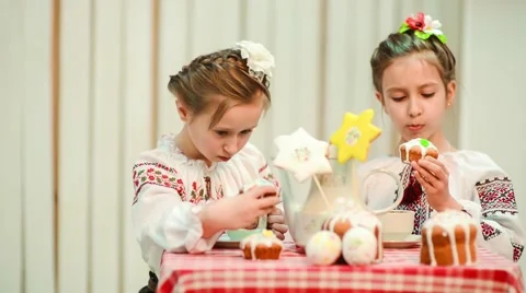 Girls are drinking tea Easter holiday Stock Footage 48376345