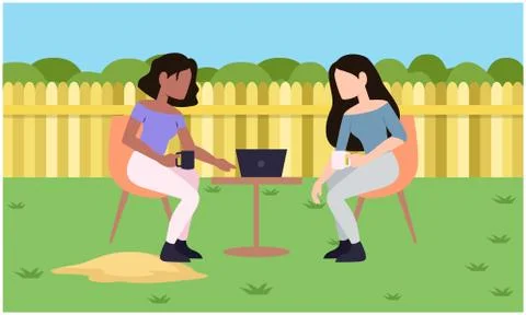 Girls are talking to each while sitting in a garden Stock Illustration